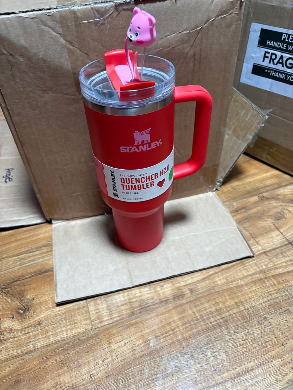 Stanley Red Travel Tumbler with Handle and Clear Lid